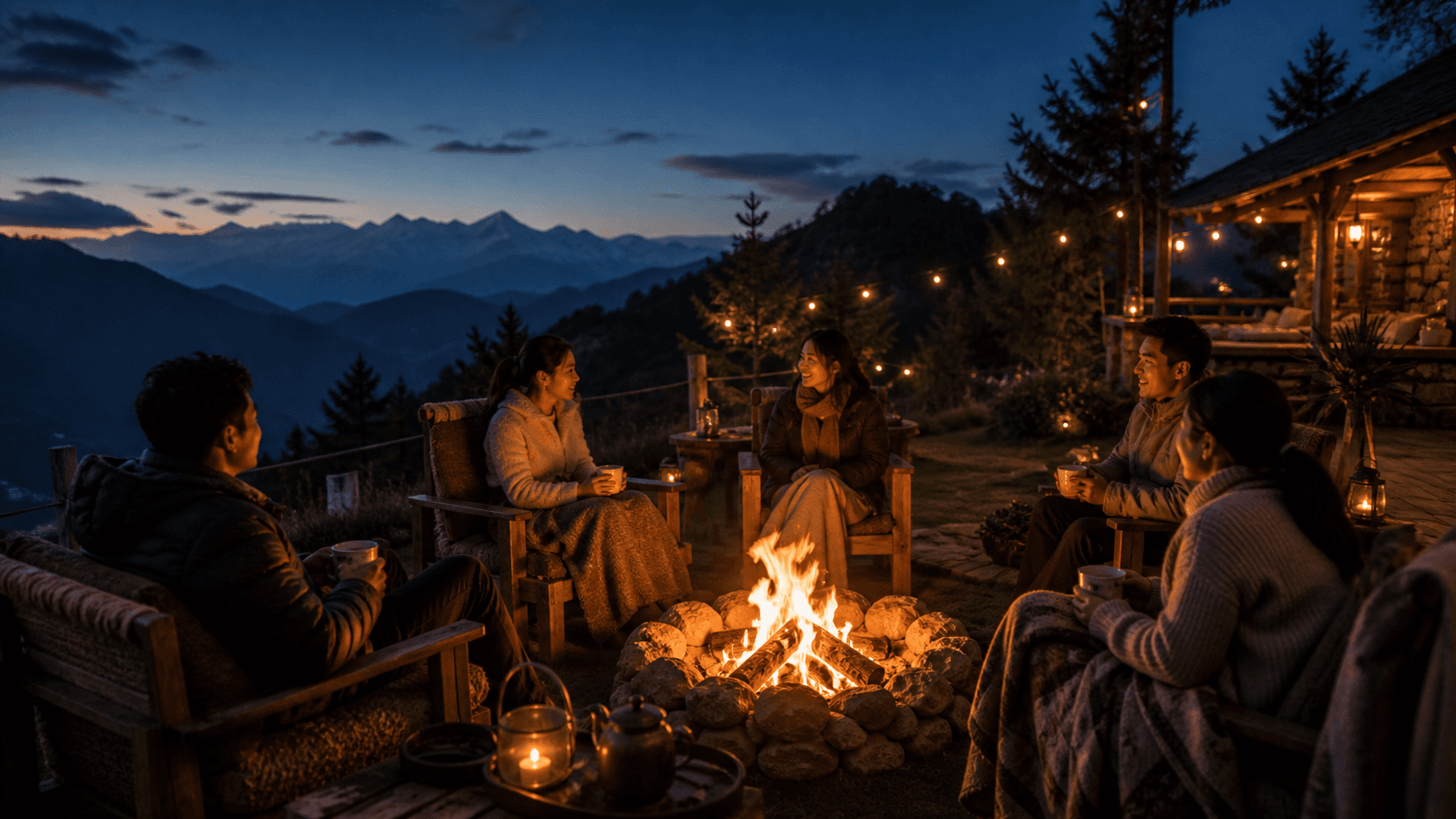 Travelers gathered calmly around a bonfire at a mountain resort