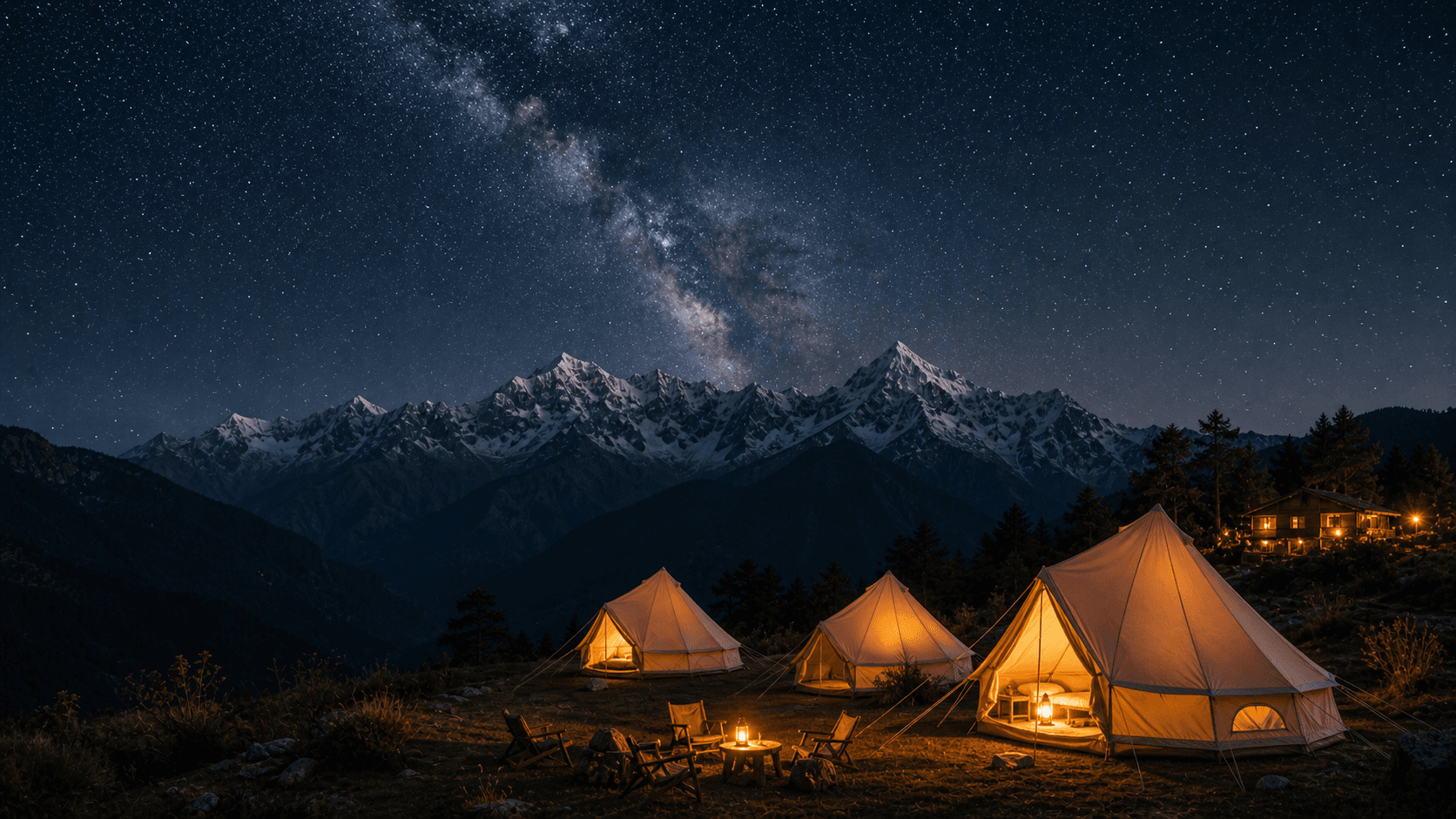 Luxury tents glowing under a starry Himalayan night sky