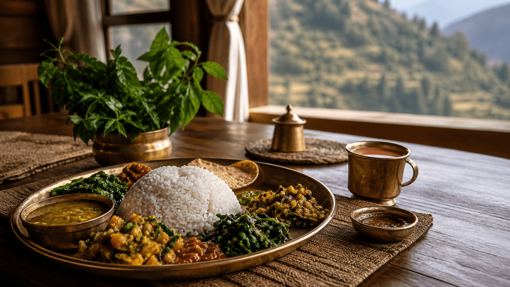 Authentic Nepali thali served by a mountain lodge window