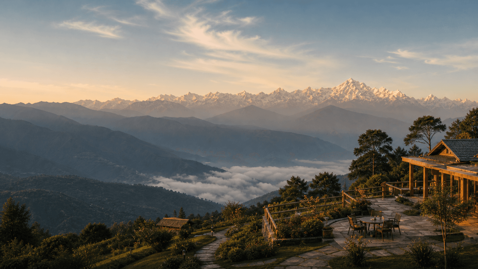Cinematic mountain resort terrace above misty Himalayan foothills