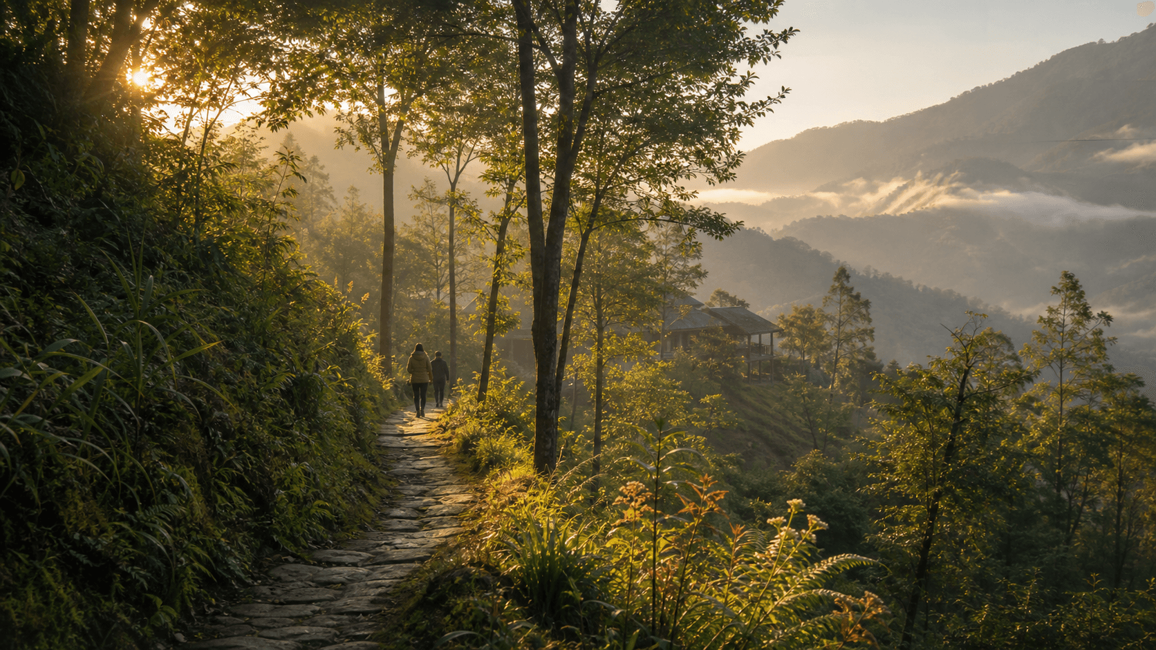 Morning nature path through green hills near a mountain resort